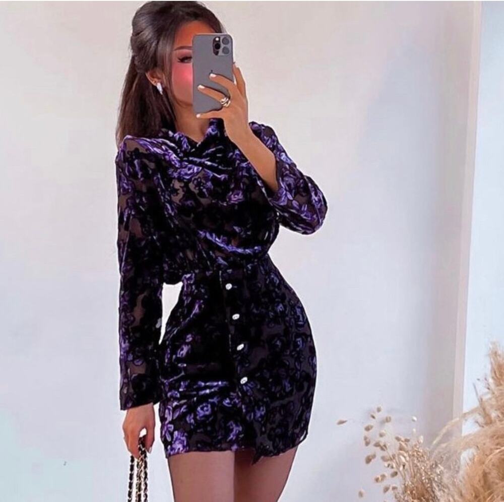 ZARA BLOGGER FAVORITE VELVET TRIM DRESS PURPLE